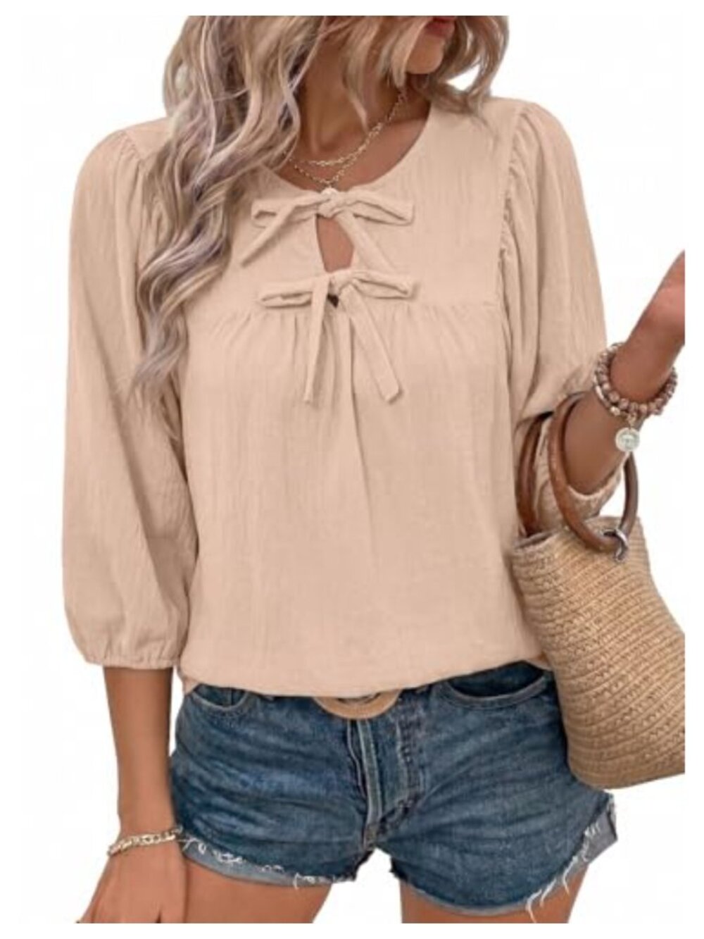 SHEWIN Womens 3/4 Sleeve Bow Tie Blouse Babydoll Dressy Casual Top